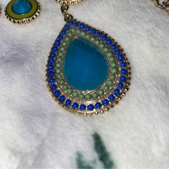 Costume Necklace - Earring Set. Blue, Green in Gold Setting. - Picture 2 of 9